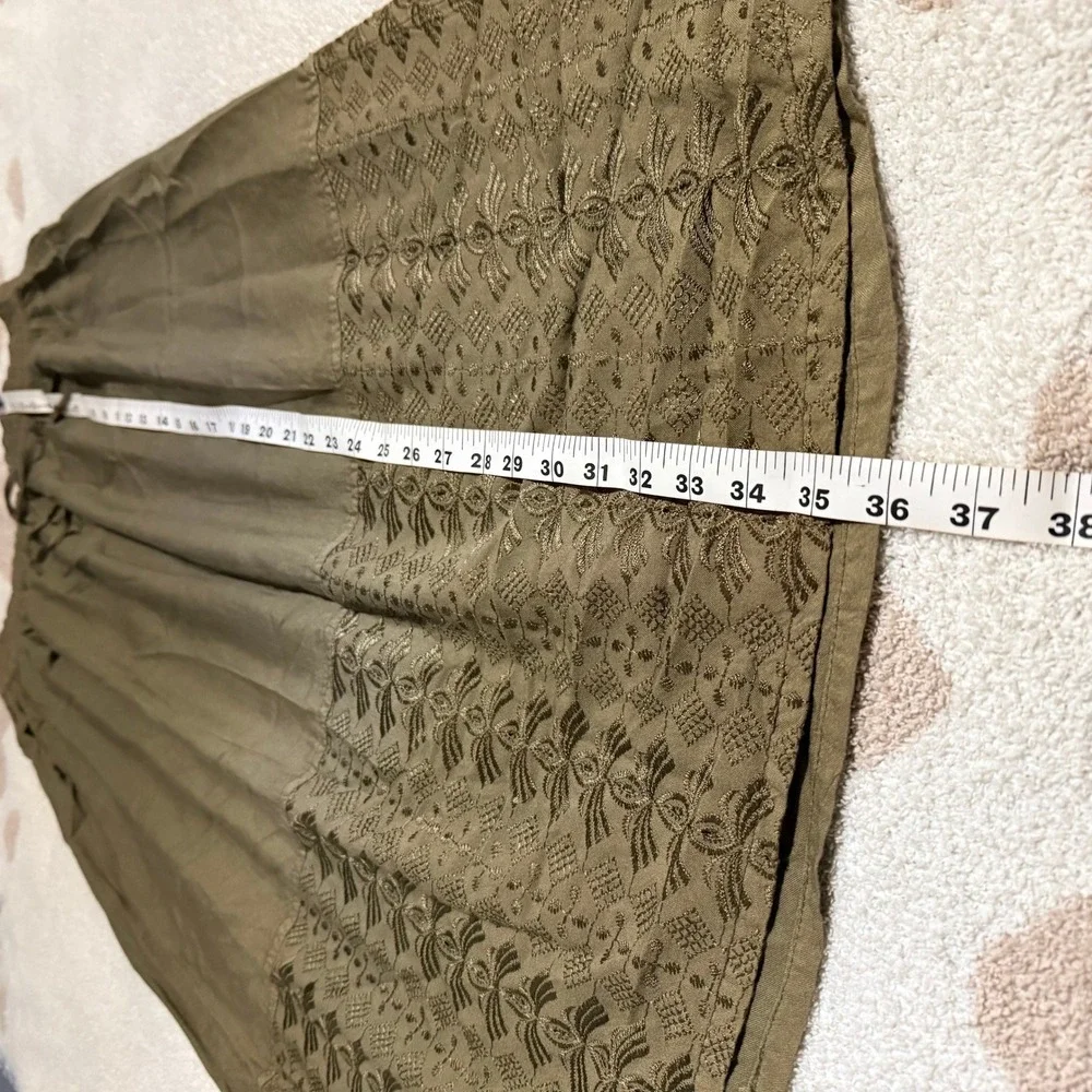 Rave Maxi Skirt Womens Size Medium Olive Green Embroidered Hem Rayon Boho